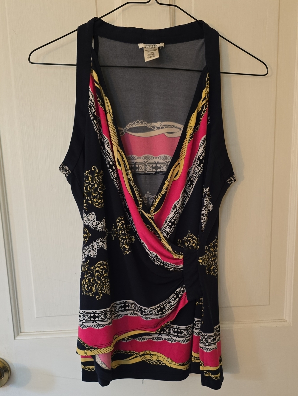 Cache Navy Sleeveless Wrap Tank with Pink & Gold Chain Print Size M